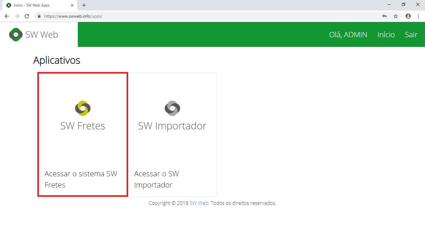 Clicar no aplicativo SW Fretes na página dos aplicativos da SW Web